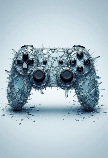 <lora:Glass_Fracture_Former_FLUX-000017:1>
This is a digital artwork featuring a stylized, surreal image of a videogame controller made entirely of shattered glass.