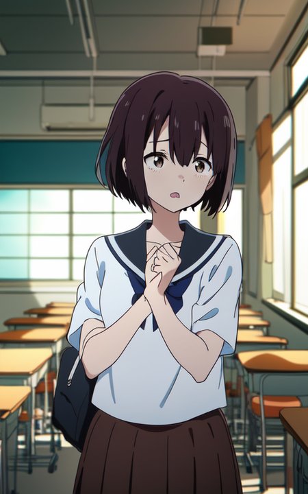 <lora:aSilentVoiceKoeNoKatachi_offset> KOE NO KATACHI, Kyoto Animation, ANIME, 1girl,  cute, best quality, ultra high res, classroom, detailed background, detailed lighting, (chromatic aberration:0.6), depth of field, sailor uniform, seifuku, brown skirt, blue bow, white shirt