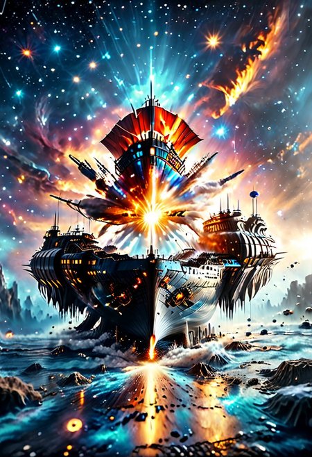 high quality, 8K Ultra HD, highly realistic, The great and sleek black ship is moving forward, blasting through space. It has powerful cannons facing forward that are unleashing powerful blue neutron beams upon an unseen foe. Embark on an enchanting 8K photorealistic journey as a magnificent starship blasts through a star system.  The ship gracefully flies among other ships. The starship's design boasts advanced technological elements. The camera captures every minute detail, by VelvetS, octane render,from slightly to the side.  perfectly symmetrical ship.  Weapons fire blue energy beams, 
<lora:DonM3t3rn1tyXL-v1.1:0.7>, DonM3t3rn1tyXL,
OverallDetailXL  <lora:MJ52:0.3>  <lora:SDXLFaeTastic2400:0.4>