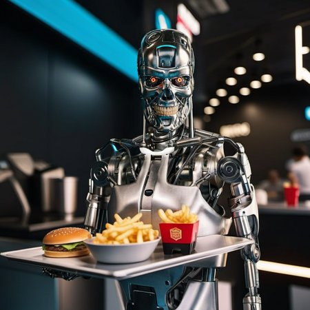 T800-1024, a robot serving burger and fries in a fastfood, detailed eyes, highly detailed, photography, ultra sharp, film, bokeh, professional, 4k  <lora:add-detail-xl:1.5>  <lora:T800-1024-000450:0.8>