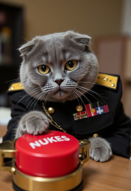 athenacat cat dressed like a military general, pressing a big red button with the label on it "NUKES"