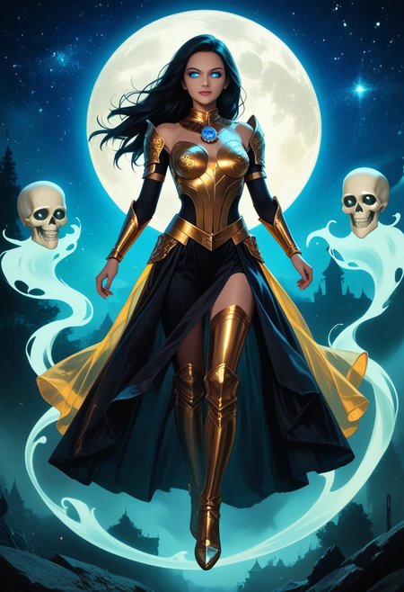 masterpiece, best quality, highres, realistic, best quality,
score_9, score_8_up, score_7_up, 
Detailed. Full body art. 
Ghostly skeleton woman.  Golden armor with detailed complex decorations. shining eyes.  floating translucent skeletons. at night. starry sky. moon. eerie atmosphere. g0thicPXL, glowing, neon, real life photo,midjourneyv6.1, fracolor