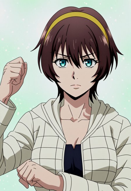 <lora:Yuu_IL_V3:0.9>,score_9, score_8_up, score_7_up, score_6_up, source_anime, rating_explicit, masterpiece, best quality, intricate details, gothic fantasy, upper body portrait, dramatic pose, confident gaze, cinematic lighting, clean background, glowing magical particles, detailed face, vibrant colors.,
Yuu_WhiteJacket, 1girl, brown short hair, hair between eyes, blue eyes, medium breasts, yellow hairband, jacket, long sleeves, hood,