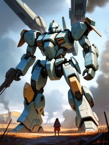 Best quality masterpiece,   Amazing very aesthetic absurdres newest embedding:my\AniPnt1,  painterly,   scenery, battlefield, science fiction,  mecha, smoke,  <lora:SPOl_10ep_4k>