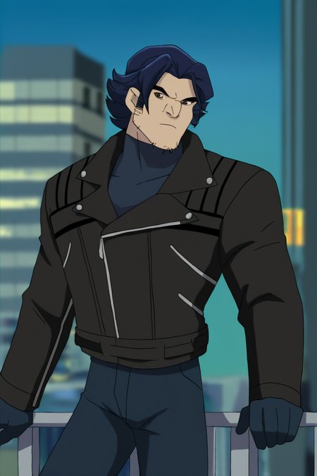 masterpiece, best quality, highres, newest, logan, 1boy, solo, male focus, mature male, short hair, dark blue hair, brown eyes, thick eyebrows, facial hair, stubble, sideburns, muscular, black jacket, leather jacket, long sleeves, dark blue turtleneck, dark blue pants, dark blue gloves, looking at viewer, standing, cowboy shot, outdoors, city, building <lora:Wolverine (Logan) X-Men Evolution (Only Logan) v1.1 [LoRA] - NoobAI-XL EPS 1.0:0.8>