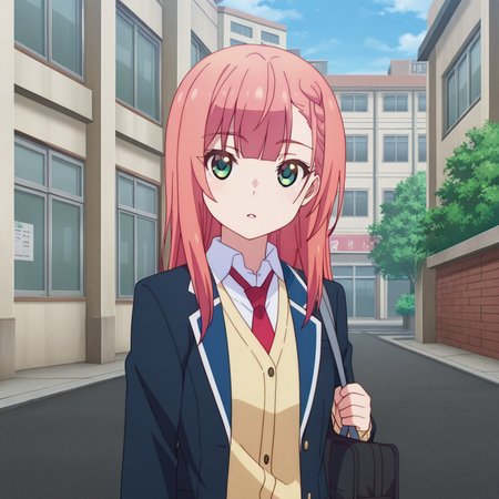 nsfw, masterpiece, best quality, 1girl, solo, the_dreaming_boy_is_a_realist_aika_natsukawa, necktie, school uniform, green eyes, jacket, bag, shirt, red necktie, braid, bangs, blazer, school bag, cardigan, long hair, white shirt, collared shirt, looking at viewer, pink hair, parted lips, open clothes, long sleeves, open jacket, street, building, <lora:Aika_Natsukawa_-_The_Dreaming_Boy_Is_a_Realist:0.7>