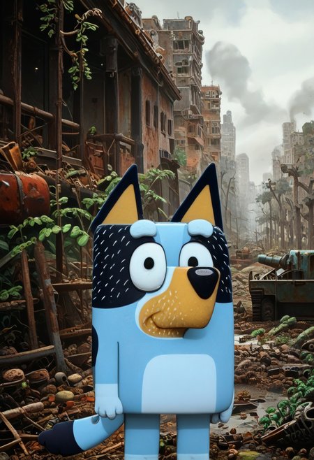 score_9, score_8_up, score_7_up, volumetric lighting, masterpiece, best quality, absurdres, newest, perfect quality, best quality, absolutely eye-catching, detailed, intricate details, ultra-detailed, source_anime, ruanyi0723,post-apocalypse,overgrown,moss, ((1boy, solo, bluey style, blueyxl, boxchibi, bandit heeler, cartoon, dog, furry, ((narrowed eyes, white sclera, empty eyes, black eyes, half shut eyes)), blue skin, blue fur, thick eyebrows, dog tail, dog ears, black nose, holding a rifle with both hands, walking on two legs, wandering on the road)), ((cautious, anger, furious, scared expression)), watching out for monsters, BREAK, realistic background, 2d character, outdoor, post-apocalypse, destroyed buildings, overcast, cloudy, realistic, overgrown post apocalyptic street, broken cars, dilapidated houses, houses covered in moss, road is damaged, A decayed ruined abandoned city full of decrepit concrete structures hollowed out by the ravages of time slowly being enveloped and overgrown by verdant foilage with grass, vines and trees cracking the remains of pavement and growing through gaps in the masonry, post apocalyptic, depth of field, BanditPXL, exhausted, shocked, looks at viewer