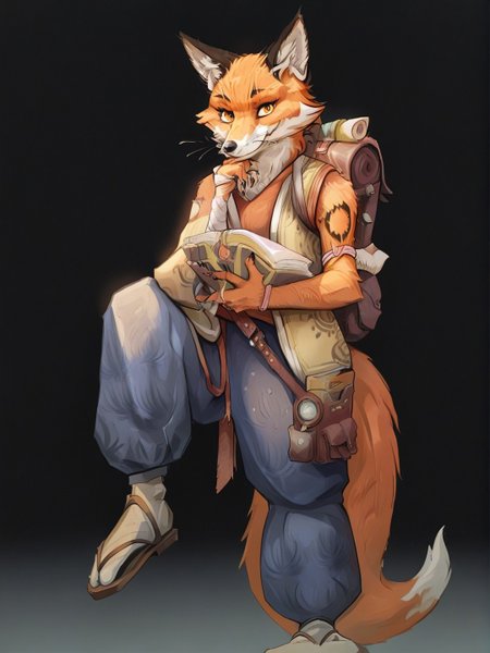 score_9,score_8,score_7,
<solo:1.5>,
<1girl:1.5>,
fox girl, kitsune, nemio_pathfinder, nemio_kitsune, female furry, smile, realistic, ultra realism,
animal,
nemio_pathfinder, nemio_kitsune, fox girl, kitsune, solo, tail, gradient background, gradient, book, animal ears, furry, bag, backpack, blue pants, holding, holding book, orange eyes, black background, fox tail, full body, fox ears, brown bag, sandals, body fur, scroll, pants, white fur, closed mouth, fox boy, brown fur, socks, snout, simple background, animal ear fluff, tattoo, looking at viewer, sleeveless, two-tone fur, shirt, short hair,
<lora:Nemio_Pathfinder:1.2> nemio_pathfinder