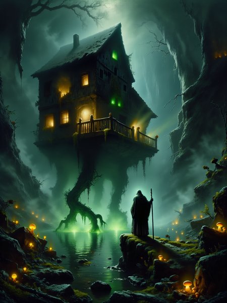 highly detailed dark fantasy-style painting of baba yaga, the witch, in front of her iconic hut on chicken legs, inspired by j.m.w. turner's shade and darkness - the evening of the deluge, eerie and foreboding atmosphere, romanticism, impressionism, surrealism, crepuscular rays, a mist-shrouded ancient primeval forest with otherworldly vegetation, thick with twisted, gnarled trees that loom menacingly over a swamp, tendrils of fog snake along the ground, dense underbrush cloaked in shadows, the landscape is wild, overgrown, and untamed, poisonous creeping vines and roots sprawled in every direction, and amidst the mist stands baba yagaâs infamous, surreal hut perched on two gigantic chicken legs, the hut appears crooked and unstable, yet it towers above the swamp, its twisted wooden structure covered in decaying moss and old, weathered runes, skulls and ominous talismans hanging from the roofâs edge, the foreground is filled with gnarled roots, glowing mushrooms, bioluminescent poisonous-looking swamp flowers, mossy rocks, and decaying leaves, in the background, ancient primeval trees stretch upwards into the mist, their branches clawing at the sky, the oppressive fog wraps everything in a suffocating grip, with baba yagaâs hut standing out in stark contrast, glowing faintly from within, baba yaga stands in the foreground, an old hag, her silhouette hunched, her long grey hair blowing wildly in the night breeze, she is cloaked in tattered robes of dark, earthy tones, her bony hands clutching a twisted wooden staff adorned with bone charms and feathers, her piercing eyes glow with a malevolent light as she gazes at the viewer, her expression twisted with a knowing, sinister grin of dark amusement, her hutâs massive chicken-like legs are mid-step, bent as it moves through the swamp, surrounded by swirling mist, the wooden structure ancient and weathered, the door slightly ajar as though beckoning to anyone foolish enough to approach, low-angle wide shot, the viewer looks up at baba yagaâs imposing figure and the towering hut, emphasizing their size and power, the hut looms ominously in the background while baba yaga stands near the foreground, her hutâs massive legs stepping through the swamp, casting ripples in the murky water below, the low angle creates a sense of looming danger and an overwhelming presence, the scene is dimly lit by the soft glow of the moon, with dappled moonlight filtering through clouds, faint beams of moonlight create dappled shadows across the swamp, the hut itself glows faintly from within, with eerie green and yellow light casting ominous reflections on the murky swamp waters, subtle backlighting from the moon gives baba yagaâs figure an ethereal yet malevolent outline, faint glowing sparks of magic trail from baba yagaâs staff, swirling with the mist, enhancing the dark, mystical feel, dark fantasy aesthetic with surreal elements, emphasizing mood and atmosphere, textures of decaying wood, damp earth, and creeping mist are prominent, creating a vivid sense of place and foreboding, style of carl spitzweg, <lora:style-carl_spitzweg-flux-by_tangbohu:0.88> <lora:image_enhancer-flux-by_dever:1.0>