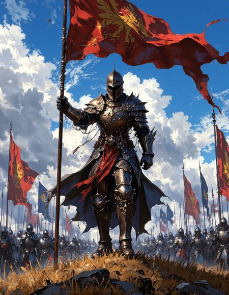 a powerful and epic scene in a dramatic, painterly style, reminiscent of fantasy war art: A heavily armored knight dominates the foreground, striding forward with immense presence. The knight is clad in ornate, dark metal plate armor with gold trim and intricate designs, a helmet fully obscures their face, adding to their imposing figure.  They powerfully grip a tall wooden pole topped with a large, waving red and gold banner, featuring a heraldic design, a griffin. A red sash is tied around the knight's waist, flowing in the wind. Behind the central knight and receding into the background, a large formation of similarly armored soldiers march forward, carrying spears and their own smaller banners, creating a sense of a vast army on the move. The terrain is grassy and somewhat uneven, suggesting a battlefield. The sky above is blue with scattered white clouds. The lighting is strong and directional, possibly midday sun, casting dramatic shadows and highlighting the textures of the armor, banners, and landscape. Capture the heroic and warlike atmosphere of a leader inspiring troops into battle, emphasizing movement, power, and dynamic composition, <lora:aidmaMJ6.1_v0.5_3:0.6>, <lora:dark_fantasy_flux:0.6>, <lora:Elden_Ring_-_Yoshitaka_Amano:0.4>, <lora:FantasyWizardWitchesFluxV2-000001:0.5>, <lora:RetroAnimeFluxV1:0.35>, <lora:Vibrantly_sharp_style_v.2:0.8>, <lora:绪儿 CG风滤镜FLUX:0.5>