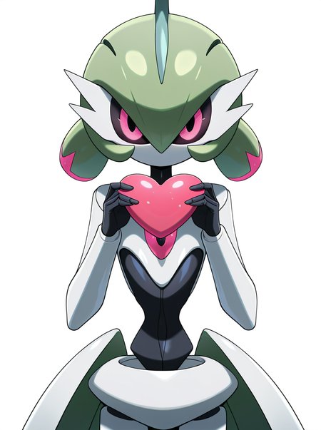 masterpiece, best quality, amazing quality, very aesthetic, absurdres, newest  anime screenshot,  anime coloring,  <lora:ironvalinatillust:1>green hair, ironvaliantillust, pokemon (creature), colored skin,, white skin, pink eyes, humanoid robot,  holding heart,  looking at viewer,  simple background,  white background,