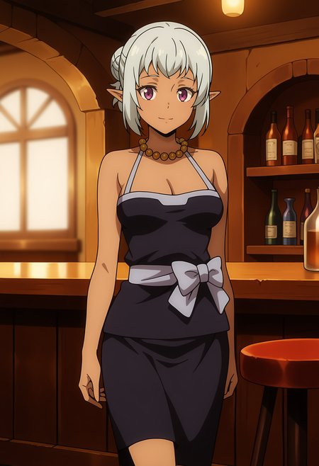 anime screencap, masterpiece, best quality,
<lora:TenSura_DwargonElf4_DarkSkinLady_IlluXL:0.9>,
1girl, solo, closed mouth, light smile,
dark-skinned female, hair bun, grey hair, purple eyes, pointy ears,
sleeveless dress, black dress, cleavage, medium breasts, pearl necklace, black skirt, waist bow, grey bow,
standing, looking at viewer, cowboy shot,
blurry background, indoors, medieval, bar \(place\)