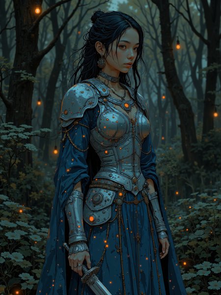 A medieval-inspired fantasy costume featuring a warrior princess standing bravely in a dense, enchanted forest. She dons a fitted, metallic silver and deep blue breastplate adorned with intricate engravings and leather accents. Her flowing blue cloak billows in the mystical breeze, catching the light filtering through the forest canopy. Beneath the armor, a gown of layered silk in shades of azure and indigo is visible, with gentle embroidery hinting at ancient elvish designs. Her hair is braided intricately with small silver charms and feathers, adding an air of regality and cultural richness. Her expression is fierce yet elegant, holding a delicately crafted silver sword with an ornate hilt. Ambient light dances across the metallic textures of her attire, enhancing the 8k quality detailing and creating a dynamic, awe-inspiring atmosphere. <lora:aidmaFLUXPro1.1-FLUX-v0.3:0.2> <lora:Blue_Future:0.7> <lora:flux.1_lora_flyway_Epic-detail_v2:0.3> <lora:It's a LoRA for portraits, BUT! actually specialized in backgrounds. v1.0:0.7>