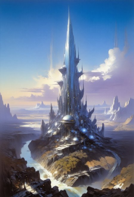 A futuristic cityscape at dusk. The central focus is an immense, towering skyscraper with a sleek, reflective surface that reflects the soft, ambient light of the setting sun. The building's design is futuristic, with a tapering top and a complex, organic base that seems to blend seamlessly with the landscape. In the foreground, a serene river runs through a valley lined with lush, green trees. Bridges and elevated walkways connect the base of the skyscraper to the surrounding buildings. The buildings in the foreground are more modest in size, with a mix of glass and metallic facades, indicating modern architecture. In the background, the cityscape stretches into the distance, showcasing a variety of skyscrapers and high-rises, some of which are needle-like, indicating a focus on verticality and density. The sky is a gradient of deep blues and purples, with scattered, fluffy clouds casting shadows on the buildings below. The overall color palette is cool and serene, with the soft lighting enhancing the futuristic, utopian atmosphere of the scene.