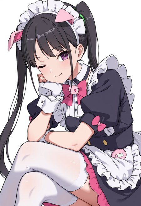 Smooth Quality,masterpiece,very intricate, high quality details, ultra realistic, high detailed skin,detailed enviorement,absurdres,
 <lora:Hiiragi_Yume_Yumechi_CNR:1> hiiragi_cnr, black hair, long hair, twintails, purple eyes,fake animal ears, pig ears, hiiragi_maid_cnr,maid, maid headdress, maid apron, frilled apron, black dress, puffy short sleeves,white thighhighs, black footwear,fingerless gloves,white wrist cuffs,pink bowtie, frills,, simple background, white background, from side,solo,
sitting, legs crossed, hand on chin, smiling, relaxed,  ,, ;o,