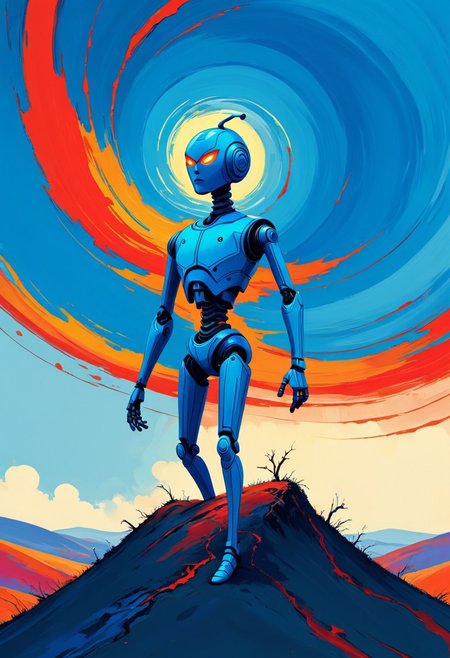 SimpleIllustration A contorted android figure stands on a wind-swept hill, its body glowing faintly — the sky above torn apart in bold fauvist strokes of electric blue and blood-orange, as if painted by madness.