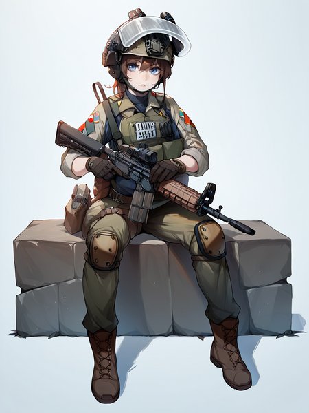 score_9, score_8_up, score_7_up, score_6_up, score_5_up,  <lora:tacticalclothesXLP:1> tactical clothes, 1girl, gun, weapon, solo, gloves, helmet, blue eyes, knee pads, military, rifle, brown hair, holding, assault rifle, holding weapon, holding gun, military uniform, boots, pants, looking at viewer, ar-15, uniform, sitting, full body, black gloves