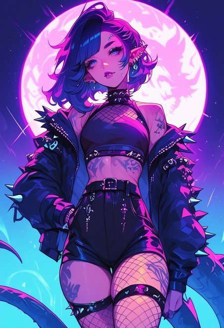 score_9, score_8_up, score_7_up, score_6_up, a woman with hair colored blue and purple wearing all black clothing and fishneted stockings, 1girl, solo, pointy ears, spikes, shorts, piercing, tattoo, fishnets, jacket, ear piercing
Expressiveh