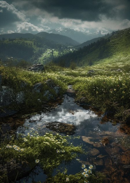 (no human:1.18), (scenic open {landscape|nature photography}:1.32) view over ({Mountain peak|rolling hills|rocky outcrop|tall redwood tree} overlooking ({a serene (narrow lake:1.26) at dawn or dusk for a dramatic sky|vast wild forest landscape|arid and dry deserted landscape|a warm and colorful springtime landscape|a cold and white winter landscape, blizzard, snowy, snow covered tree,|tree covered mountain island, exotic island, white sandy beaches, {Turquoise|cyan} colored ocean, }) and reflection in a vast scenic landscape photography, 
{Rocky (narrow:1.26) creek bed, smooth stones, mossy banks, Spring flowers: daisies, violets Mountain meadow: lush green, wildflowers, |Sparkling (narrow:1.26) water, sunlight dancing, (Waterfall: faint mist,  cascade), (Alpine meadow: grass, heather:1.06) |(narrow:1.26) stream, Streamside stones, rounded pebbles, Mountain wildflowers: lupines, gentians, Lush meadow: clover, buttercups, |(narrow:1.26) Shallow creek, clear water, Rocky outcroppings, Meadow grass: swaying, verdant, |(Gurgling Brook:1.1), Water ripples, Flowering slope: columbines, forget-me-nots, Green hills, |(Creek bed pebbles:1.24), (polished stones:1.16), (Spring growth: ferns, moss), Alpine meadow: dandelions, sage, |Mountain stream, Fish swimming, Boulder-lined creek, Vibrant meadow: poppies, irises, |(Rocky creek:1.12), Clear water: reflections, Wildflower meadow: buttercups, daisies, Mountain vista, |(Streambed stones:1.12), Waterfall: , clear, Mountain meadow: grasses, lupines, Blue skies, |Alpine creek, Polished rocks, Springtime meadow: violets, daffodils, Rugged mountains, |Clear creek water, Fish schools, Meadow grasses: swaying, Rocky cliffs, |Peppery creek, (Mossy stones:1.1), Mountain meadow: clover, daisies, Distant peaks}, (__dom/daytime__), 
{(dark:1.12)(moody:1.38), (black and white photography:1.12), (grayscale:1.38), (ominous shadows:0.85), (rainbow gradient:1.26) (outstanding vibrant colored object:1.18), (monochrome spot color:1.01), (neonglowpunk-doodlez-style:0.99) |},<lora:sdxl\zy_Realism_Enhancer_v1.safetensors:0.85:0.18>  p4,s4