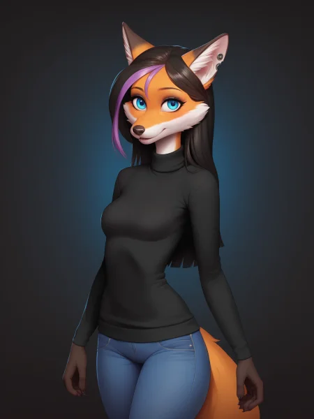 digital_media_(artwork) hi_res, score_9, score_8_up, score_7_up, score_6_up, score_5_up, score_4_up, rating_safe, beautiful, intricate, high quality details, highly detailed, amazing quality, anthro, furry, female, detailed textured fur, fur tufts, fluffy, slim, slender, cute, small, detailed sexy eyes, solo, SFW, fox, long sweater, baggy denim jeans, long hair, multicolored hair, streaked hair, absurdres, highres, goth, heavy eyeliner, heavy eye shadow, breasts, <lora:Bendzz_Artist_Style_PonyXL:1>