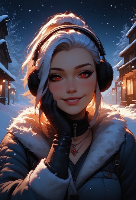 score_9, score_8_up, score_7_up, score_6_up, 1girl, breasts, necklace, sexy face, ponytail hairstyle, winter coat, earmuffs, gloves, winter boots, white hair, long hair, red eyes, shy smile, blushing, beautiful lights, flirtatious, looking at viewer, seductive, Outside, snowing, snowflakes falling, 
View from the front, face focus, closeup, close up,