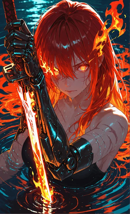 masterpiece, high quality, sharp detail, intricate detail, detailed hair, 1girl, <lora:HassaKu_style:1> HassaKu_illu, realistic, solo, flaming eye, weapon, magenta eyes, sword, scar on arm, glowing eyes, looking at viewer, holding, water, mechanical arms, holding weapon, partially submerged, long hair, holding sword, cuts, bare shoulders, reflection, red hair, hair between eyes, single mechanical arm, closed mouth, breasts, glowing eyes, multiple scars, wet, prosthetic arm, upper body, glowing eye, ripples, scar on face, one eye covered, fire, arm up,   upper body, detailed pupils, intricate eyes, v-shaped eyebrows,  glowing weapon, glowing sword, reflective water,