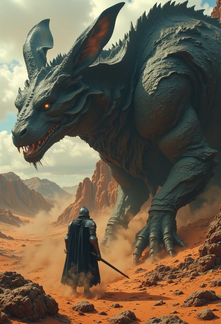 An atmospheric scenery amidst a desolate Desert, a knightess Stands Strong against a towering rabbit-dragon, a bleaked pink/orange sundawn melting the moody Air,