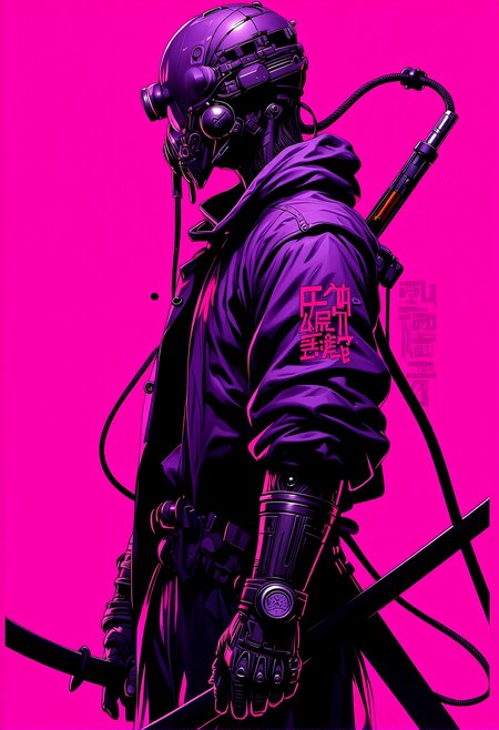 In the style of anime, a cyberpunk warriorin front of a solid intense pink background, (with the text "Neon Art Style":1.5) prominently displayed in the upper part of the image in cyberpunk font., <lora:bv-neoartsty.safetensors:1.0:1.0>