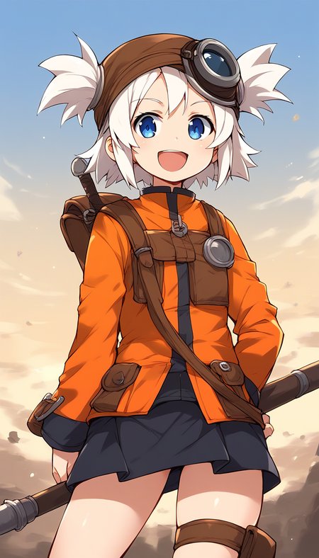 score_9, score_8_up, score_7_up, source_anime, rating_explicit, BREAK  <lora:Pratty_XL:1> Pratty, blue eyes, short hair, goggles, white hair, short twintails, hair through headwear, brown headwear, 
1girl, solo, open mouth, weapon, smile, holding, looking at viewer, long sleeves, :d, polearm, holding weapon
 orange long sleeves, bag, skirt, short twintails, looking at viewer, standing, blue eyes, thigh strap, :d
standing, cowboy_Shot
outdoor, sky,