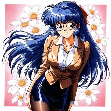 <lora:RC_maria_custardXLanimagine001>,
masterpiece,high score,great score,absurdres,
flower background,glitter,
smile,
looking at viewer,
solo,
anime coloring,retro artstyle,1990s (style),
maria_custard\(rance_series\),1girl,blue hair,half updo,hair ribbon,long hair,blue eyes,glasses,
cowboy shot,standing,
business_suit,pencil_skirt,pantyhose,