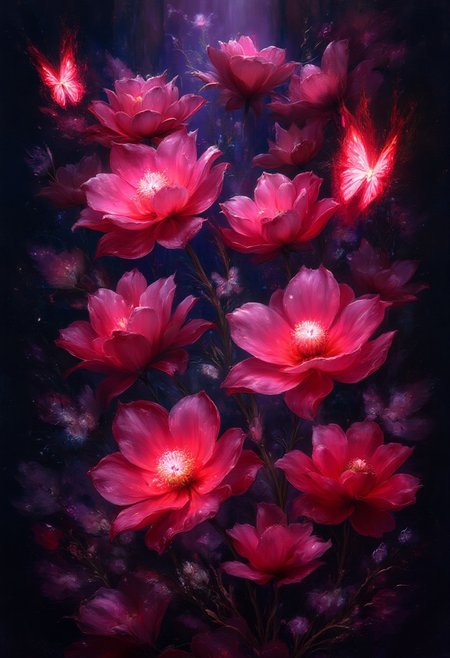 vibrant red  Bleeding Hearts flowers and glowing red butterflies against a pitch-black background Painterly,  surreal, vibrant glow, bokeh, 8k,