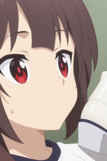 face close-up,  Megumin, gym uniform, white footwear, white shirt   <lora:Konosuba_Bakuen_-_Megumin_-_illustrious:0.8>
