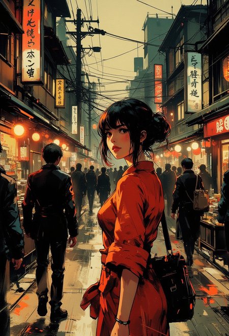 in the style of ck-mgs, nistyle, Special Ink-drawing mode, intricate linework with expressive contrasts, Mh1$AgThS2, Inkplash art on rice paper, sepia, henna , Silhouette Art, magnificent, inksplash image of stunning japanese woman in a red dress, standing on a busy Japanese shopping street, turning to the look at the viewer, abstract background of a crowd of shoppers dressed in dark colours, timelapse photographs, motion blur on the crowd