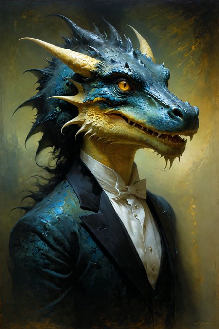 (art by Ludwig Dettmann and Domenico Gagini and Karel HlavÃ¡Äek:1.2),(bluish-yellow and jet black colors:0.1),by William-Adolphe Bouguereau,portrait painting of hybridizing dragon & crocodile,mixture animal by zdzislaw beksinski,by lewis jones,<lora:model_SDXL:0.4>,<lora:Ethereal_Grace:0.3>,