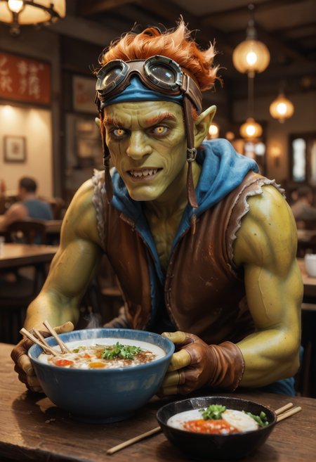 <lora:batrider_v3:0.8> batrider_v3
1boy, yellow skin, green skin, green legs, green face,
pointy ears,
colored skin,
teeth, sharp teeth,
orange hair,
yellow eye, scar on eye,
gloves, goggles, goggles on head,,  brown long shorts, score_9, score_8_up, score_7_up, score_6_up, derpibooru_p_95,
detailed eyes, beautiful, detailed background, perfect eyes,
blur censor, blurry, blurry background, blurry foreground, bokeh, motion blur,
chromatic aberration, depth of field, figure, focused,  focus
photography, realistic sun light and shadows, photorealism, UHD --ar 9:16 --style raw --stylize 700,
solo,
sitting, behind a table, inside restaurant, bowl of ramen, steam, chopsticks, leans against