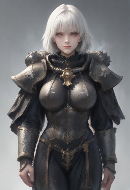 <lora:Sororitas:1> armor, shoulder armor, 1girl, pauldrons, short hair, power armor, white hair, white eyelashes, big breastplate <lora:disgusted_face_xl_goofy:1> disgusted face, looking down, score_9, score_8_up, score_7_up, score_6_up, score_5_up, score_4_up