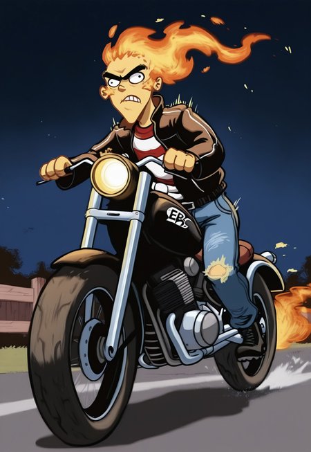 Masterpiece, best quality, absurdres, high detail, solo, edboi, mnbrow, flaming head, black leather jacket, combat boots, unibrow, ripped jeans, detailed background, riding a motorcycle, speeding, motion lines, serious expression, Harley Davidson, detailed motorcycle, burning tires, night, moonlight, detailed background, TWDDDBike