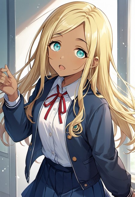 score_9, score_8_up, score_7_up, source_anime, layla, long hair, blonde hair, dark skin, aqua eyes, 1girl, solo, dark-skinned female, looking at viewer, open mouth, skirt, school uniform, jacket, ribbon, blue jacket, blue skirt