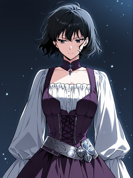 <lora:Omniscient Reader's Viewpoint _ Han Sooyoung_epoch_7:1>
1 girl, solo, short hair, messy hair, black hair, black eyes, 
purple corset dress, white puff sleeve blouse, decorative silver waist sash, layered skirt, sleeveless overdress, long sleeve underblouse, black thigh strap, medieval style outfit,
score_9, score_8_up, score_7_up, score_6_up, source_anime, rating_explicit, masterpiece, best quality, intricate details, gothic fantasy, upper body portrait, dramatic pose, confident gaze, cinematic lighting, clean background, glowing magical particles, detailed face, vibrant colors