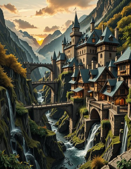 A breathtaking medieval fantasy city nestled in a lush valley, surrounded by towering mountains and dense forests. A grand castle with multiple towers and turrets stands atop a hill, overlooking the town below. The city consists of charming half-timbered houses with glowing windows, perched on rocky cliffs and connected by stone bridges over cascading waterfalls. The river flows through the village, reflecting the warm golden lights of lanterns and torches. Ivy and moss grow over the stone walls, adding to the enchanted, ancient atmosphere. The background features misty mountains with additional fortresses and watchtowers, partially hidden by low-hanging clouds. The sky is illuminated by a soft, warm sunset, casting a golden glow on the scenery, creating a perfect blend of realism and fantasy. Highly detailed, cinematic, and immersive, with a magical, fairy-tale ambiance.
<lora:SDXLFaeTastic2400:0.4> <lora:extremely_detailed:0.4> extremely detailed, ,medieval f4nt4sy c1ty <lora:medieval_f4nt4sy_c1ty-i:1>, Masterpiece,best quality,hi res,8k,hi res,8k,award winning,(sharp focus, intricate, highly detailed),