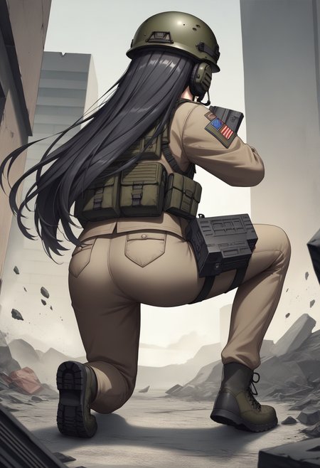 score_9, score_8_up, score_7_up, source_anime BREAK 1girl, solo, post-apocalypse, debris, ruined city, 
<lora:nikke-style-poses-richy-v1_pdxl:1> nikkeaiming, full body, from behind, facing away, on one knee, gun, cover, wall, military, tactical, combat boots, combat helmet, headset, very long hair, black hair, night vision device