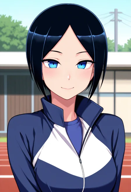 masterpiece, best quality, amazing quality, 1girl, solo, (portrait:1.2), eriww, blue eyes, black hair, short hair, parted bangs, medium breasts, track jacket, track suit, looking at viewer, smile, outdoors, day, skindentation, detailed clothing folds, depth of field, sharp, high contrast, dynamic light <lora:Eri_Todo_Iitai_Koto_wa_ill_v21:1>