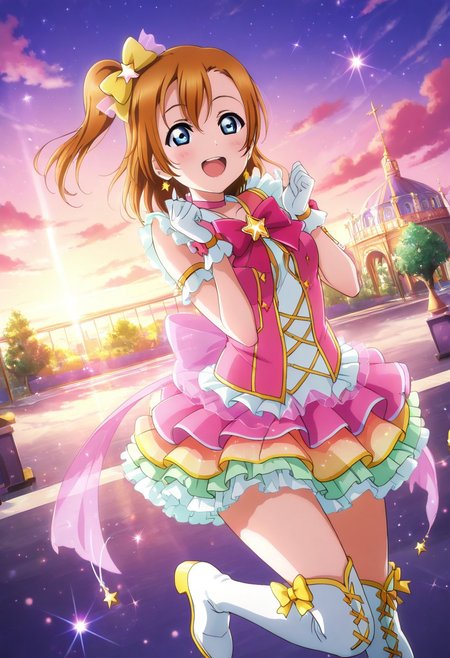 masterpiece, best quality, solo, 1girl, aged up, happy,
 honoka_kousaka, kousaka_honoka, blue eyes, brown hair, orange hair, one side up, short hair, hair bow, yellow bow, magical girl idol costume, layered pastel dress, star-shaped brooch, gloves, thigh-high boots, enchanted garden, sparkling flowers, twilight sky, magical sparkles, whimsical performance, bright and hopeful expression