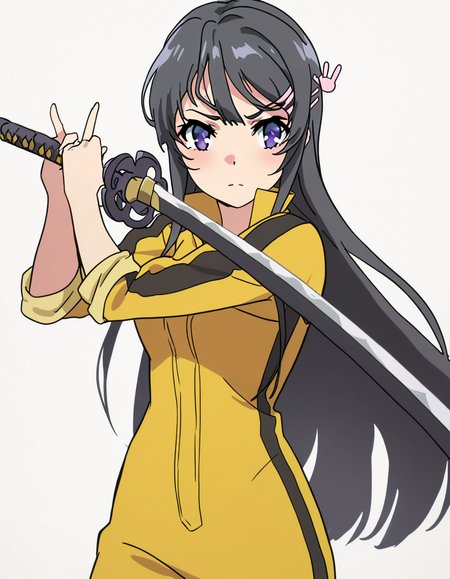 masterpiece, best quality, newest, absurdres, highres, safe,, <lora:mai-sakurajima-s1-ponyxl-lora-nochekaiser:1> mai sakurajima, long hair, bangs, black hair, hair ornament, purple eyes, hairclip, rabbit hair ornament, medium breasts,  anime screencap, <lora:sword-guard-stance-illustriousxl-lora-nochekaiser:1>, sword guard stance, sword, weapon, solo, katana, holding, holding weapon, holding sword, looking at viewer, jumpsuit, yellow jumpsuit, high collar, cowboy shot, pants,, ,