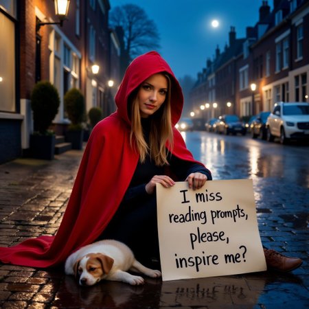 A lady wearing a bright red  cape with hood covering her head casting a shadow on her face, long smooth hair, sitting on the street in the rain, she holds a hand written sign with the text "I miss reading prompts, please, inspire me?",  her body is reflected on the wet shiny dutch bricks of the street, it is late at night, the moon illuminates the street softly, blue hues only. A puppy sleeps by her side