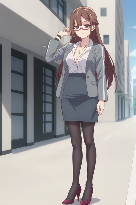 (grey jacket white shirt pencil skirt black pantyhose high heels:1.30), gg-miranda, necklace, brown hair, brown eyes, red glasses, medium breasts, 1girl, solo, skinny, score_9, score_8_up, score_8, score_7_up, score_7, score_6_up, score_6, score_5_up, score_5, source_anime, blush, outdoors, (straight-on:1.20), (:1.20), , <lora:gg-miranda-V01-000003:1.00>