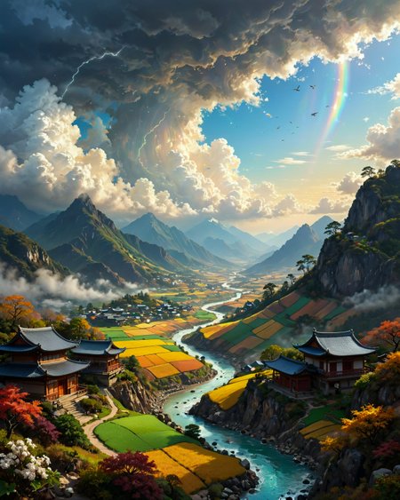 (fantasy landscape:1.2),(surreal landscape:1),
Himalayan valley with terraced farms,  
Squall line with shelf cloud,  
Stratocumulus undulatus like sand dunes,  
Stormy greenish pre-tornado light, 
Fall foliage color explosions,
Playas with mud cracks,  
Underground city lit by fossilized light,
Airships from stained glass shards,
Fog that ages objects centuries,
Utagawa Hiroshige: (ukiyo-e woodblock prints), (flat perspectives), (seasonal motifs), (vivid nature palettes),
 f/2.8, shutter speed 1/2000 sec, iso25600, white balance cloudy, exposure compensation    "-0.5 ev", aperture priority shooting mode, framing, focus mode continuous, spot metering,
(masterpiece:1.4), (intricate details:1.4), (hyperrealistic:1.3),(painting:0.9),(ultra detailed:1.4), (8k resolution:1.3), (sharp focus), (dramatic perspective:1.1), (chromatic aberration:0.3), (film grain:0.2), 
 <lora:cheeseDaddys_35:0.3>,
<lora:JuggerCineXL2:0.3>,
 <lora:add-detail-xl:1.15>,
 <lora:WildcardX-XL-Detail-Enhancer:0.4>,
 <lora:sdxl_lightning_8step_lora:0.3>,
<lora:EnvyDramaticLightingXL02_photo:0.4>,
 <lora:xl_more_art-full_v1:0.7>,
 <lora:ClassipeintXL2.1:0.3>,
 <lora:Flux-XL_Scenery:0.5> flux-scenery
