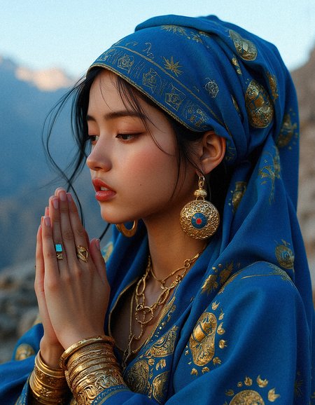 hyper-realistic photography close-up portrait of a conservative tribal young tanned  beauty wearing a traditional headscarf, with an emphasis on cultural heritage and intricate details. The headscarf, in a rich azure blue, is adorned with delicate golden embroidery, featuring geometric and floral motifs that seem to shimmer as they catch the light. The fabric should look soft and luxurious, with slight folds that reveal its texture and weight. Her bright eyes,  large and almond-shaped, with long eyelashes, should be rendered with meticulous detail, showing flecks of gold in her light beige colored irises that catch the ambient light. She wears large, ornate gold earrings with embedded jewels, reflecting hues of blue and red that complement her attire. A series of golden bangles adorns her wrist, with each bangle showcasing unique etchings and a subtle sheen that adds depth to the scene. The multi-layered necklace on her chest should look heavy and intricate, with each link and pendant reflecting the light in a way that conveys realism and richness. Her skin is very tanned with warm undertone, with a gentle blush across her cheeks and nose, suggesting a natural glow. (The background Jagged mountains in the background, barely visible under the moonlight, adding a sense of scale), contrasting with the blue of her scarf and enhancing the warmth of her skin. The lighting should be soft yet direct, illuminating her features and jewelry, casting subtle shadows that add depth and realism. Capture the texture of her skin, the softness of the fabric, and the cool, reflective surfaces of the jewelry to create a lifelike and immersive portrait that honors her cultural heritage and individual beauty. Add a slight breeze that lifts a strand of hair across her face, adding a sense of movement and intimacy to the composition, making the viewer feel as if they are sharing a moment of quiet contemplation with her.Her hands folded in a prayer position, eyes closed, radiating serenity and spirituality with beaming expression.




