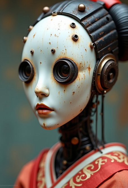 A photograph of an android robot designed as a geisha. The android face plate is made of white ceramic material, with many mechanical parts. The android has camera lens eyes, protruding from her face, and clear signs of rusting and wear. She is also wearing traditional intricate Japanese clothes. Photographed by Yuri Shwedoff, this photo shows a sense of shallow depth of field, with a vignette.