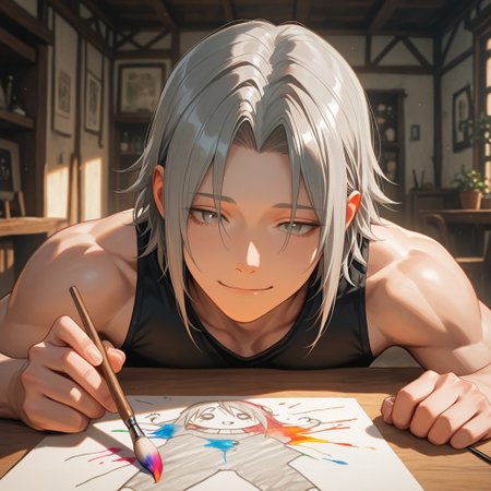 masterpiece, best quality, amazing quality, absurdres, newest, detailed background, definition so sharp, Ultra-HD, 8K cinematic, very awa, impressionate, amazing quality, highres, 
solo, male focus, manly, 
yashiroisana, 1boy, short hair, parted bangs, shiro_pretime, shiro_grey hair, shiro_grey eyes, drawing, focused expression, but with a slight smile, calm, art studio, natural light, paintbrushes, colorful, playful, aesthetic, creative
